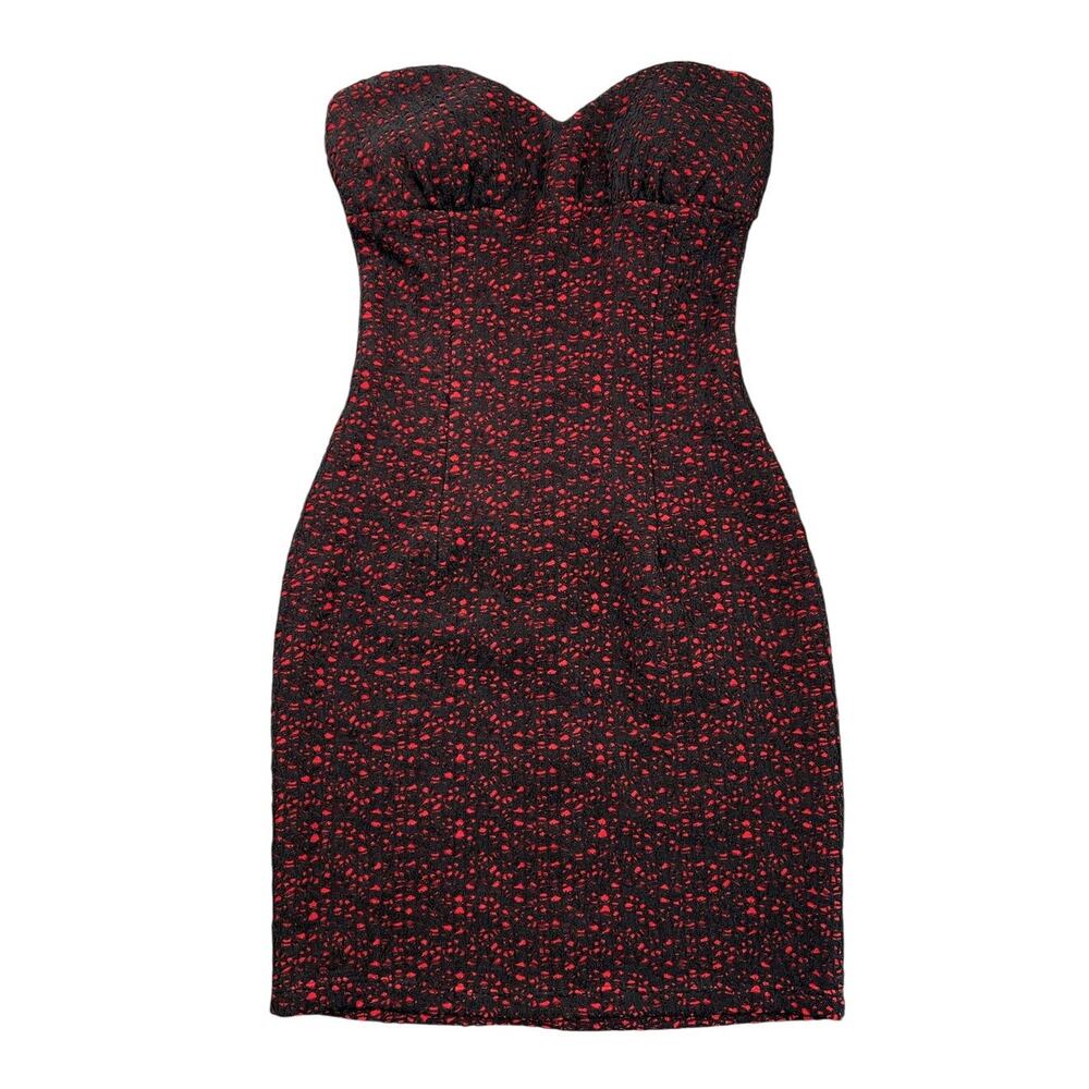 Vintage Y2K MYSTIC Strapless Black Red Lace Bodycon Mini Dress Clubwear - XXS/XS